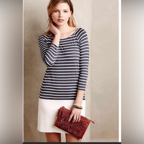 Anthropologie BAILEY 44 Stripe Dress With Vegan Leather Hem SZ M Blue White - Picture 1 of 9